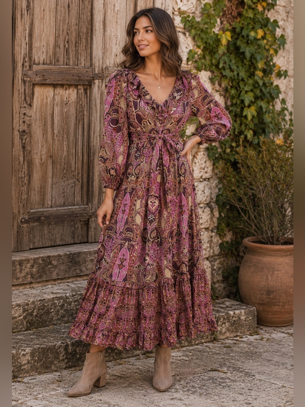 A LOVES A Paisley Printed Ruffled Linen V-Neck Maxi Dress Bohemian Size M NEW